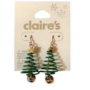 Spiral Christmas Tree Goldtone Green‎ Dangle Nickel Free Earrings Hook Back